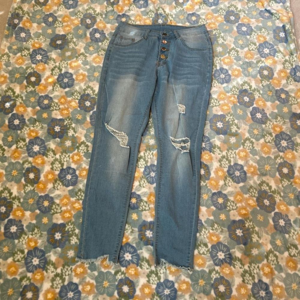 Blue distressed skinny jeans jeggings with button fly size small no brand